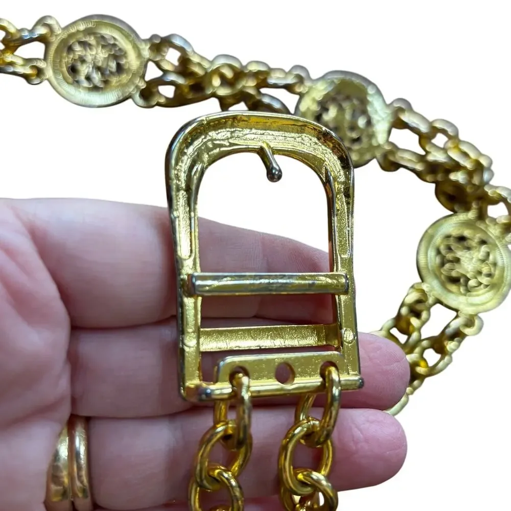 Vintage 1980's chunky gold double chain belt O/S station links textured disks